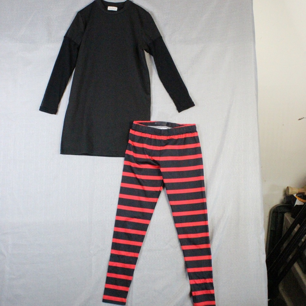 BesserBay Kids Tunic Leggings Set Medium Black Red Striped Streetwear Gorpcore